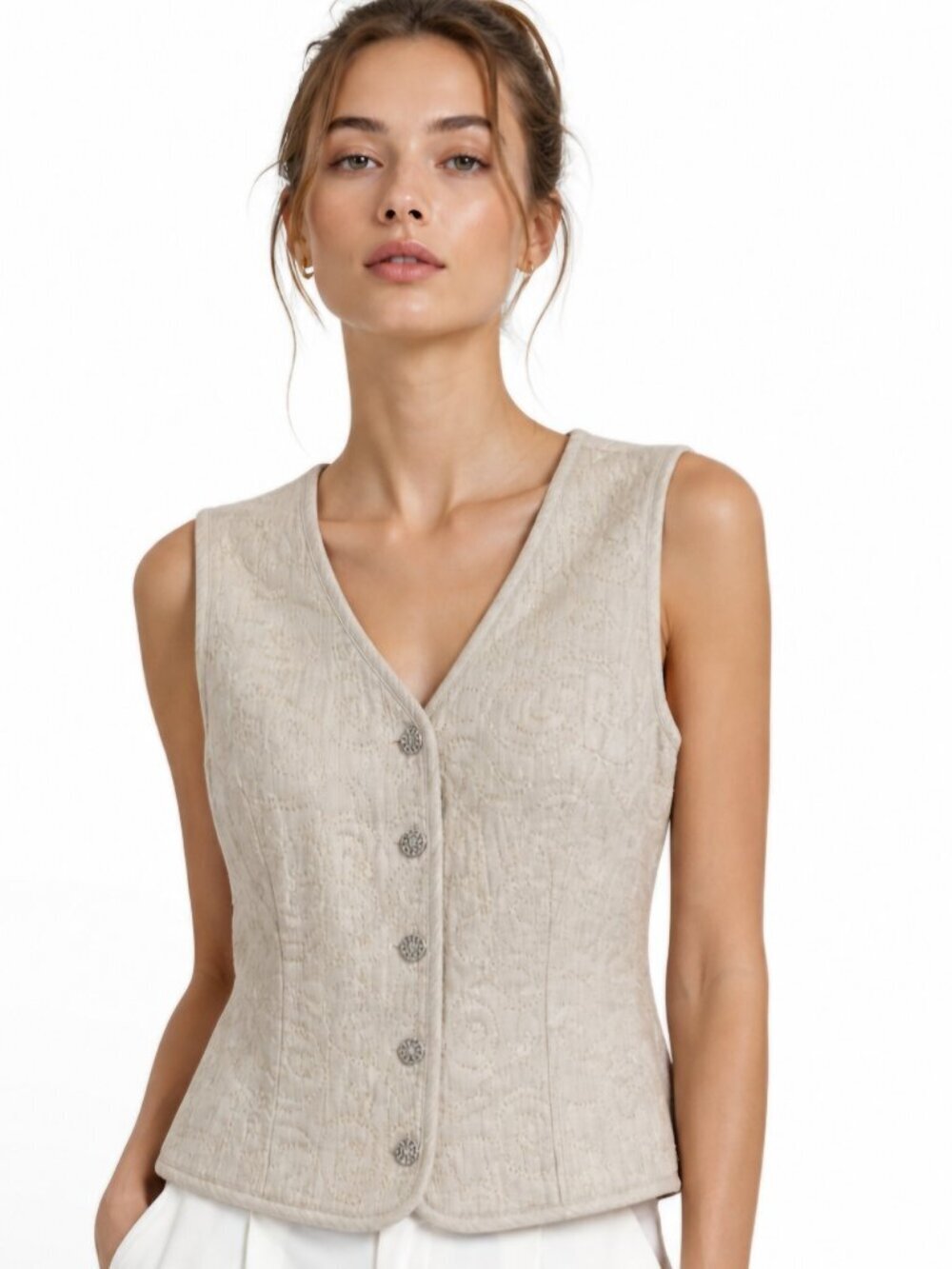 Maren Vintage Boho Embroidered creme button up Y2K Retro Vest XS/S 16 Inch Bust